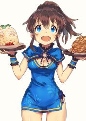 Rule 34 | 10s, 1girl, :d, bad id, bad twitter id, blue dress, blue eyes, breasts, brown hair, china dress, chinese clothes, cleavage, cleavage cutout, clothing cutout, cowboy shot, dress, food, fried rice, highres, idolmaster, idolmaster million live!, looking at viewer, narumi arata, open mouth, ponytail, satake minako, short dress, simple background, smile, solo, tray, white background, wrist cuffs
