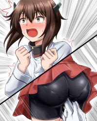 Rule 34 | 1girl, ass, bike shorts, blush, brown eyes, brown hair, commentary request, gloves, headgear, highres, kanchou, kantai collection, open mouth, pantylines, short hair, surprised, sweatdrop, taihou (kancolle), tears, white gloves, zanntetu