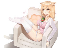 Rule 34 | 1girl, 72 chiri, absurdres, animal ears, blonde hair, breasts, brown eyes, can, chair, covered erect nipples, drink can, drinking straw, frilled shirt, frills, highres, jacket, large breasts, long hair, long sleeves, looking at viewer, mountain dew, no pants, no shoes, object on breast, open clothes, open jacket, open mouth, original, panties, pink shirt, shirt, sitting sideways, skindentation, soda can, solo, taut clothes, taut shirt, thighhighs, thighs, underwear, white jacket, white panties, white thighhighs