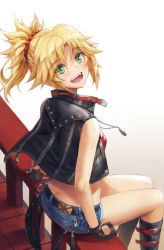 Rule 34 | 1girl, ass, belt, belt boots, black belt, black footwear, black gloves, blonde hair, blush, boots, butt crack, character cutout, commentary, duplicate, english commentary, fangs, fate/apocrypha, fate/grand order, fate (series), fingerless gloves, gloves, green eyes, hair ornament, hair scrunchie, happy, highres, jacket, knee boots, looking at viewer, mordred (fate), mordred (fate/apocrypha), red scrunchie, red shirt, scrunchie, shirt, short shorts, shorts, simple background, sitting, sleeveless, sleeveless jacket, solo, teeth, tonee