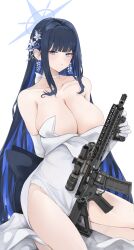 Rule 34 | 1girl, black gloves, blue archive, blue halo, breasts, cleavage, dress, earrings, fte (fifteen 199), gloves, gun, halo, highres, holding, holding gun, holding weapon, jewelry, large breasts, official alternate costume, saori (blue archive), saori (dress) (blue archive), solo, strapless, strapless dress, weapon, white dress