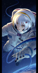 Rule 34 | 1girl, astronaut, earth (planet), hair ornament, helmet, open mouth, original, pinakes, russian text, short hair, silver hair, solo, space, spacesuit, star (sky), star (symbol), star hair ornament, yellow eyes
