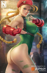 Rule 34 | ass, blonde hair, breasts, cammy white, capcom, fingerless gloves, gloves, hat, highres, large breasts, leotard, long hair, nopeys, sleeveless, street fighter, thong leotard