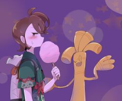 Rule 34 | 1girl, 1other, alternate hairstyle, arm at side, artist request, backpack, bag, blush, brown eyes, brown hair, child, cotton candy, creatures (company), eyelashes, flat chest, from side, game freak, gholdengo, half-closed eyes, hand up, happy, highres, japanese clothes, jinbei (clothes), juliana (pokemon), legs, long hair, looking to the side, matching hair/eyes, neck, night, nintendo, official alternate costume, one eye closed, open mouth, outdoors, pokemon, pokemon (creature), pokemon sv, serious, short sleeves, side ponytail, sidelocks, standing, summer festival, sweat, sweatdrop, swept bangs, traditional clothes, wink