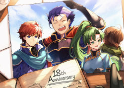 Rule 34 | 1girl, 3boys, ahoge, anniversary, arm up, armor, blue eyes, blue hair, blue sky, breasts, brown hair, cape, closed eyes, closed mouth, cloud, cloudy sky, commentary request, day, earrings, eliwood (fire emblem), fingerless gloves, fire emblem, fire emblem: the blazing blade, gauntlets, gloves, green cape, green eyes, green hair, hair between eyes, hair ornament, hector (fire emblem), high ponytail, highres, jewelry, long hair, lyn (fire emblem), mark (fire emblem: the blazing blade), medium breasts, multiple boys, nakabayashi zun, nintendo, open mouth, outdoors, photo (object), ponytail, red hair, short hair, short sleeves, shoulder armor, sky, tiara, turtleneck, upper body