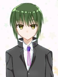 Rule 34 | 1boy, absurdres, angel beats!, black jacket, closed mouth, expressionless, eyes visible through hair, green hair, hair between eyes, headgear, highres, jacket, key (company), long sleeves, looking at viewer, male focus, naoi ayato, popped collar, ribbon, school uniform, shirt, short hair, simple background, solo, sweatdrop, white background, white shirt, yellow eyes, zuzuhashi