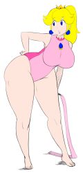 Rule 34 | 1girl, barefoot, blonde hair, blue eyes, breasts, crown, female focus, flat color, full body, highres, leotard, looking back, mario (series), nintendo, nintyalex, princess peach, solo, super mario bros. 1, swimsuit, thick thighs, thighs, white background, wide hips, zeon (pixiv722928)