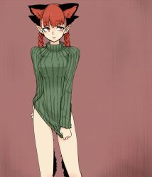 Rule 34 | 1girl, alternate costume, animal ears, bad id, bad pixiv id, bottomless, braid, cat ears, cat tail, extra ears, kaenbyou rin, mizuga, multiple tails, naked sweater, no pants, red eyes, red hair, ribbed sweater, shirt tug, solo, sweater, tail, touhou, turtleneck, twin braids