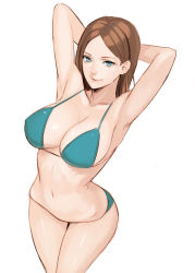 Rule 34 | 1girl, armpits, arms behind head, arms up, bikini, blue bikini, blue eyes, breasts, brown hair, cleavage, damegane, from above, large breasts, long hair, navel, original, parted bangs, simple background, smile, solo, string bikini, swimsuit, white background