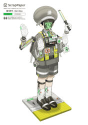 Rule 34 | 1boy, android, belt, belt buckle, black belt, black footwear, black hair, blunt bangs, buckle, character charm, charm (object), collared shirt, commentary request, extra arms, faceless, faceless male, full body, gloves, green necktie, grey hat, grey jacket, grey shorts, grey sleeves, hat, highres, holding baton, jacket, kneehighs, leg belt, long sleeves, male focus, mechanical arms, name tag, necktie, norizc, original, shadow, shirt, shoes, short hair, shorts, simple background, socks, solo, translation request, uniform, whistle, white background, white gloves, white shirt, white socks