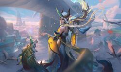Rule 34 | 1girl, absurdres, alternate costume, bare shoulders, bird, bracelet, closed mouth, cloud, colorful, detached sleeves, dragon, dress, earrings, eastern dragon, eyeshadow, falling petals, fountain, gold earrings, green horns, hair ornament, highres, holding, holding staff, horns, immortal journey soraka, jewelry, league of legends, long hair, makeup, mountain, nail polish, official alternate costume, official alternate hairstyle, official art, outdoors, petals, pointy ears, red nails, single horn, sky, smile, solo, soraka (league of legends), staff, sunlight, unicorn, water, white hair, wide sleeves, wind, yellow eyes