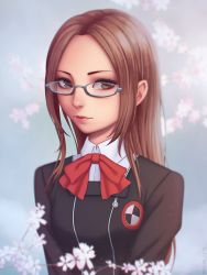 Rule 34 | 1girl, bow, brown eyes, brown hair, closed mouth, fushimi chihiro, glasses, highres, lipstick, long hair, looking at viewer, makeup, miura-n315, persona, persona 3, school uniform, solo