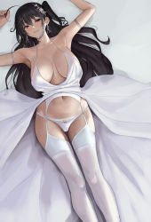 Rule 34 | 1girl, ahoge, arm strap, azur lane, black hair, blush, breasts, chela77, clothes lift, commentary, dress, dress lift, earrings, english commentary, female pubic hair, garter belt, garter straps, hair ornament, highres, jewelry, large breasts, long hair, lying, navel, official alternate costume, on back, panties, panties over garter belt, parted lips, pubic hair, red eyes, solo, taihou (azur lane), taihou (temptation on the sea breeze) (azur lane), thighhighs, underwear, very long hair, wedding dress, white dress, white panties, white thighhighs