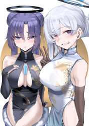 Rule 34 | 2girls, alternate costume, alternate hairstyle, black dress, black gloves, blue archive, breasts, china dress, chinese clothes, cleavage cutout, cliov, clothing cutout, cosplay, crossed legs, double bun, dragon print, dress, elbow gloves, fingerless gloves, gloves, hair bun, halo, hand on own chest, highres, large breasts, looking at viewer, medium breasts, multiple girls, noa (blue archive), purple eyes, purple hair, shun (blue archive), shun (blue archive) (cosplay), side slit, sleeveless, sleeveless dress, smile, thighs, twintails, v, white dress, white hair, white halo, yuuka (blue archive)