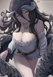 Rule 34 | 1girl, albedo (overlord), bare shoulders, belt, black feathers, black hair, breasts, cleavage, collarbone, demon girl, demon horns, feathered wings, feathers, hair between eyes, horns, jewelry, large breasts, long hair, long sleeves, looking at viewer, mirai hikari, necklace, off-shoulder sweater, off shoulder, overlord (maruyama), smile, solo, sweater, thighs, white sweater, wings, yellow eyes