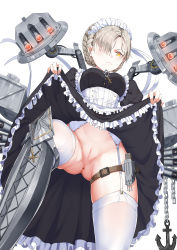 Rule 34 | 1girl, absurdres, anchor, apron, azur lane, blonde hair, blush, braid, breasts, buhualuo, chain, cleft of venus, closed eyes, cross, dress, french braid, frilled apron, frills, garter straps, gradient background, hair over one eye, highres, lifted by self, long sleeves, maid, maid headdress, no panties, pussy, shaded face, sheffield (azur lane), short hair, simple background, solo, thighhighs, torpedo tubes, turret, underwear, white apron, white background, white thighhighs
