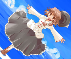 Rule 34 | 1girl, :d, black skirt, blush, brown eyes, brown hair, dutch angle, fedora, female focus, ghostly field club, hat, kanoe soushi, long skirt, long sleeves, looking at viewer, ocean, open mouth, outstretched arms, shirt, skirt, smile, solo, standing, touhou, usami renko, water, white shirt, wind