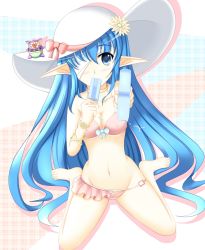 Rule 34 | 1girl, bad id, bad pixiv id, bandage over one eye, bandages, bare legs, barefoot, bikini, blue eyes, blue hair, bow, breasts, covered erect nipples, creature, eating, feeding, flower, food, hair flower, hair ornament, hat, hat bow, incoming food, long hair, looking at viewer, matching hair/eyes, medium breasts, object on head, pannon, phantasy star, phantasy star universe, pink bikini, plaid, plaid background, pointy ears, popsicle, pov, pov feeding, rin (ateria), simple background, sitting, solo, sun hat, swimsuit, wariza