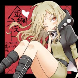 Rule 34 | 1girl, ;d, text background, blonde hair, boots, dress, fang, genderswap, genderswap (mtf), hand up, highres, hood, hoodie, jacket, kagerou project, kanazuki, kano shuuya, one eye closed, open mouth, red eyes, short dress, sitting, smile, solo, thighs