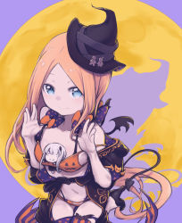 Rule 34 | 1girl, abigail williams (fate), absurdres, bare shoulders, bikini, black bow, black headwear, black jacket, blonde hair, blue eyes, blush, bow, breasts, daisi gi, demon tail, demon wings, fate/grand order, fate (series), forehead, hair bow, halloween, hat, highres, jacket, lavinia whateley (fate), long hair, looking at viewer, multiple bows, navel, off shoulder, orange bikini, orange bow, parted bangs, polka dot, polka dot bow, small breasts, smile, stuffed toy, swimsuit, tail, wings, witch hat