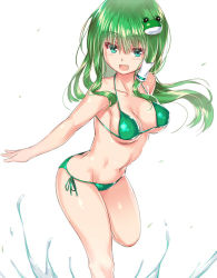 Rule 34 | 1girl, :d, armpits, arms at sides, bad id, bad pixiv id, bare shoulders, bikini, blue eyes, blush, breasts, butt crack, cleavage, collarbone, cowboy shot, frog hair ornament, from side, green bikini, green hair, hair ornament, hair tubes, halterneck, kochiya sanae, leaning forward, long hair, looking at viewer, looking to the side, medium breasts, navel, open mouth, side-tie bikini bottom, smile, solo, stomach, string bikini, swimsuit, touhou, underboob, white background, yonaga (masa07240)