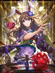 Rule 34 | 1girl, animal ears, blue eyes, brown hair, rabbit, rabbit ears, casino, copyright name, dated, dice, floral print, flower, furyou michi ~gang road~, gambling, hair flower, hair ornament, highres, japanese clothes, kimono, long hair, parted lips, rebecca myers, roulette, solo focus, tob