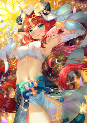 Rule 34 | 1girl, armpits, blue eyes, blue nails, breasts, commentary request, genshin impact, hands up, highres, horns, horns through headwear, long hair, long sleeves, looking at viewer, low twintails, medium breasts, nail polish, navel, nilou (genshin impact), parted lips, petals, puffy long sleeves, puffy sleeves, red hair, smile, solo, twintails, veil, very long hair, xephonia