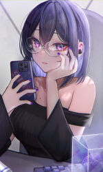Rule 34 | 1girl, alternate costume, bare shoulders, black sweater, blue hair, blue nails, breasts, cellphone, crossed bangs, detached sleeves, earbuds, earphones, elbow rest, eyeshadow, glasses, gradient nails, hair between eyes, hand on own cheek, hand on own face, highres, ichinose uruha, keyboard (computer), large breasts, light blue hair, looking at viewer, makeup, medium hair, mole, mole on breast, mole under eye, off-shoulder sweater, off shoulder, phone, purple eyes, purple nails, red eyeshadow, sanada nagi, selfie, smartphone, solo, sweater, taking picture, virtual youtuber, vspo!
