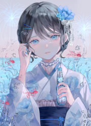 Rule 34 | 1girl, black hair, blue eyes, blue flower, blue nails, blue theme, bottle, commentary, english commentary, fingernails, fish, floral print, flower, glass bottle, goldfish, hair flower, hair ornament, hairclip, hand on own cheek, hand on own face, highres, holding, holding bottle, japanese clothes, kimono, long sleeves, looking at viewer, nail polish, original, parted lips, powa (36iii), print kimono, sash, short hair, solo, teeth, upper body, water, wide sleeves
