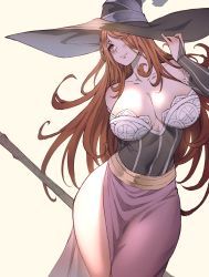 Rule 34 | 1girl, bare shoulders, black hat, breasts, brown eyes, brown hair, carcass (artist), cleavage, closed mouth, collarbone, dragon&#039;s crown, hair over one eye, hat, highres, holding, holding staff, large breasts, long hair, looking away, looking to the side, simple background, smile, solo, sorceress (dragon&#039;s crown), staff, thighs, witch hat, yellow background