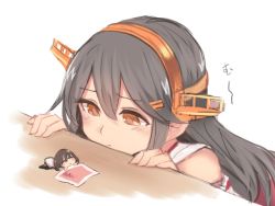 Rule 34 | 2girls, bare shoulders, black hair, blush, chibi, detached sleeves, closed eyes, female admiral (kancolle), giant, giantess, hair between eyes, hairband, haruna (kancolle), headgear, japanese clothes, kantai collection, long hair, multiple girls, nontraditional miko, simple background, sleeping, utopia, white background, yellow eyes