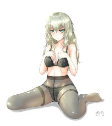Rule 34 | 10s, 1girl, artist name, black bra, black panties, black pantyhose, blush, bra, breasts, closed mouth, commentary request, dated, frilled bra, frilled panties, frills, full body, girls und panzer, hands on own chest, highres, itsumi erika, light frown, long hair, looking at viewer, medium breasts, navel, panties, panties under pantyhose, pantyhose, signature, simple background, sitting, take (trude1945oneetyan), thighband pantyhose, underwear, underwear only, wariza, white background
