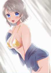 Rule 34 | 1girl, :d, arm at side, bad id, bad pixiv id, bare shoulders, bikini, bikini top only, bikini under clothes, blue eyes, blue shirt, blurry, blurry background, blush, breasts, cleavage, collarbone, commentary request, covered erect nipples, cowboy shot, curtains, dutch angle, grey hair, hand up, highres, kazepana, large breasts, long sleeves, looking at viewer, love live!, love live! sunshine!!, off shoulder, open clothes, open mouth, open shirt, shirt, short hair, skindentation, sleeves past wrists, smile, solo, sparkle, standing, strap gap, swept bangs, swimsuit, underboob, watanabe you, white background, yellow bikini