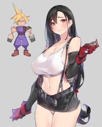 Rule 34 | 1girl, 3:, arm warmers, bare shoulders, belt, black hair, black skirt, blush, breasts, cleavage, closed mouth, cloud strife, collarbone, covered erect nipples, cowboy shot, crop top, earrings, elbow pads, final fantasy, final fantasy vii, gloves, grey background, hand up, jewelry, large breasts, long hair, looking at viewer, low-tied long hair, midriff, miniskirt, navel, panties, popqn, red eyes, red gloves, shirt, simple background, skirt, sleeveless, sleeveless shirt, solo, solo focus, standing, suspender skirt, suspenders, sweat, tank top, thighs, tifa lockhart, underwear, very long hair, white panties, white shirt