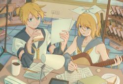 Rule 34 | 1boy, 1girl, anniversary, bad id, bad pixiv id, birthday, blonde hair, blue eyes, book, bow, brother and sister, coffee mug, collarbone, cup, desk, detached sleeves, eating, electric plug, electrical outlet, eyes visible through hair, food, guitar, hair bow, holding, holding food, holding paper, indoors, instrument, kagamine len, kagamine rin, lamp, mug, necktie, paper, sailor collar, sandwich, sheet music, short hair, siblings, sweatdrop, tablet pc, tile floor, tiles, twins, vocaloid, window, wounds404, writing, yellow neckwear