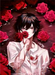 Rule 34 | 1boy, bai liu, bishounen, black hair, blank stare, collared shirt, expressionless, flower, highres, i became a god in a horror game, liquid, long sleeves, looking at viewer, lying, male focus, original, partially underwater shot, procreate (medium), red flower, red rose, rose, shirt, short hair, solo, yunxiaoluo511