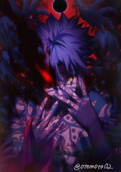 Rule 34 | 1boy, absurdres, angra mainyu (fate), dark-skinned male, dark skin, fate/grand order, fate/hollow ataraxia, fate (series), fire, fire, full-body tattoo, hands on own face, highres, looking at viewer, male focus, moto (otemoto02), one eye covered, open mouth, purple hair, short hair, solo, tattoo, yellow eyes