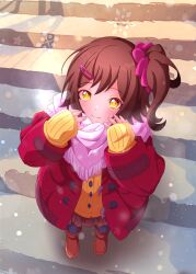 Rule 34 | 1girl, absurdres, blushblush, brown hair, coat, dark skin, duffel coat, floral print, from above, hair ornament, hair scrunchie, highres, idolmaster, idolmaster million live!, kasuga mirai, looking at viewer, looking up, one side up, outdoors, pink scarf, raby vivid, red coat, scarf, scrunchie, sleeves past wrists, smile, solo, stairs, yellow car, yellow eyes