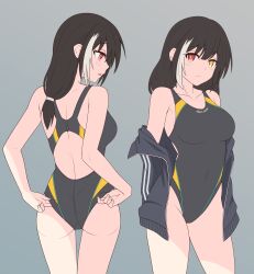 Rule 34 | 1girl, ass, black jacket, black one-piece swimsuit, breasts, brown hair, closed mouth, collarbone, commentary request, competition swimsuit, covered navel, cowboy shot, from behind, girls&#039; frontline, gotoo, hetero, highleg, highres, jacket, looking at viewer, low ponytail, medium breasts, multicolored hair, off shoulder, one-piece swimsuit, orange eyes, parted lips, ro635 (girls&#039; frontline), streaked hair, swimsuit, white hair, yellow eyes