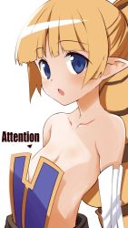 Rule 34 | 1girl, archer (disgaea), backless dress, backless outfit, bare shoulders, belt, blonde hair, blue eyes, detached sleeves, disgaea, dress, drill hair, flat chest, iwashi dorobou -r-, long hair, open mouth, pantyhose, pointy ears, simple background, solo, strapless, strapless dress, text focus, twintails, white background