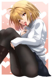 Rule 34 | 1girl, antenna hair, arcueid brunestud, ass, black pantyhose, black skirt, blonde hair, boots, brown footwear, candy, commentary request, commission, food, hair between eyes, heart, highres, holding, holding candy, holding food, holding lollipop, jewelry, licking, lollipop, looking at viewer, miniskirt, necklace, open mouth, pantyhose, pixiv commission, red eyes, short hair, single hair intake, sitting, skirt, sleeves past fingers, sleeves past wrists, solo, sweater, teeth, tongue, tongue out, tsukihime, tsukihime (remake), turtleneck, turtleneck sweater, upper teeth only, vent vert (kuuya), white sweater