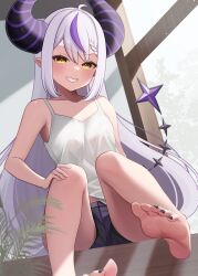 Rule 34 | 1girl, absurdres, bare shoulders, barefoot, camisole, create8, feet, highres, hololive, horns, la+ darknesss, long hair, looking at viewer, multicolored hair, nail polish, purple hair, smile, soles, solo, streaked hair, virtual youtuber, yellow eyes