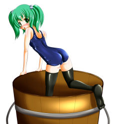 Rule 34 | 1girl, alternate costume, bad id, bad pixiv id, black thighhighs, blush, bucket, female focus, green eyes, green hair, highres, in bucket, in container, kisume, matching hair/eyes, one-piece swimsuit, open mouth, school swimsuit, shiny clothes, short hair, skindentation, solo, swimsuit, tera hiroshi, thighhighs, touhou, twintails, white background