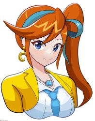 Rule 34 | 1girl, ace attorney, athena cykes, blue eyes, blue necktie, blue ribbon, closed mouth, collared shirt, crescent, crescent earrings, earrings, hair ribbon, highres, jacket, jewelry, long hair, looking at viewer, necklace, necktie, open clothes, open jacket, orange hair, ribbon, shirt, side ponytail, smile, solo, thedarkestuno, upper body, white background, white shirt, yellow jacket