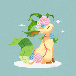 Rule 34 | animal focus, artist name, blue background, blue flower, blue rose, closed eyes, closed mouth, creatures (company), daisy, flower, from side, full body, game freak, gen 4 pokemon, hair flower, hair ornament, happy, leaf, leaf (pixiv17652941), leafeon, nintendo, no humans, notched ear, pink flower, pink rose, pokemon, pokemon (creature), profile, rose, signature, simple background, sitting, smile, solo, sparkle, u u, white flower