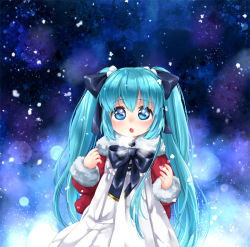 Rule 34 | 1girl, aged down, aqua hair, bad id, bad pixiv id, blush, bow, breath, coat, hatsune miku, long hair, looking at viewer, mutou mato, open mouth, pom pom (clothes), snow, snowing, solo, twintails, very long hair, vocaloid