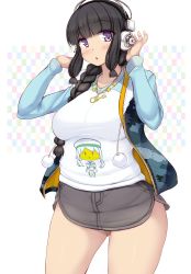 Rule 34 | 1girl, black hair, blunt bangs, blush, braid, breasts, cosplay, curvy, error musume, female focus, girl holding a cat (kancolle), headphones, highres, hime cut, hip focus, kantai collection, kitakami (kancolle), large breasts, long hair, looking at viewer, nitroplus, open mouth, panties, pantyshot, plump, pom pom (clothes), purple eyes, sidelocks, single braid, solo, standing, super sonico, super sonico (cosplay), thick thighs, thighs, underwear, yellow panties, yuzumiya mono