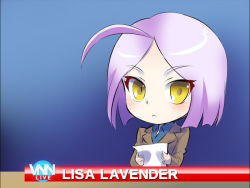 Rule 34 | 1girl, ahoge, character name, chibi, highres, iesupa, light purple hair, lisa lavender, looking at viewer, news, newscaster, reporter, rwby, solo, text focus, yellow eyes