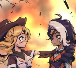 Rule 34 | 2girls, black hair, blonde hair, blush, breasts, brown gloves, brown headwear, brown scarf, cleavage, cowgirl miss fortune, elbow gloves, explosion, eye contact, eyepatch, fingerless gloves, freckles, from side, gloves, grey hair, grey shirt, hand on another&#039;s shoulder, high noon samira, large breasts, league of legends, long hair, looking at another, miss fortune (league of legends), mole, mole above mouth, multiple girls, orange eyes, phantom ix row, profile, samira, samira (league of legends), scarf, shiny skin, shirt, short sleeves