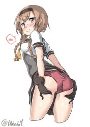 Rule 34 | 10s, 1girl, arms behind back, ass, bad id, bad twitter id, black eyes, blush, braid, breasts, brown gloves, brown hair, brown skirt, closed mouth, clothes lift, cowboy shot, cropped legs, ebifurya, eyebrows, from behind, gloves, hair ornament, hairband, hands on own ass, highres, inactive account, kantai collection, long hair, looking at viewer, looking back, medium breasts, neckerchief, panties, pleated skirt, propeller hair ornament, red legwear, red panties, school uniform, serafuku, short sleeves, simple background, skirt, skirt lift, solo, speech bubble, spoken blush, sweat, teruzuki (kancolle), twin braids, twitter username, underwear, white background